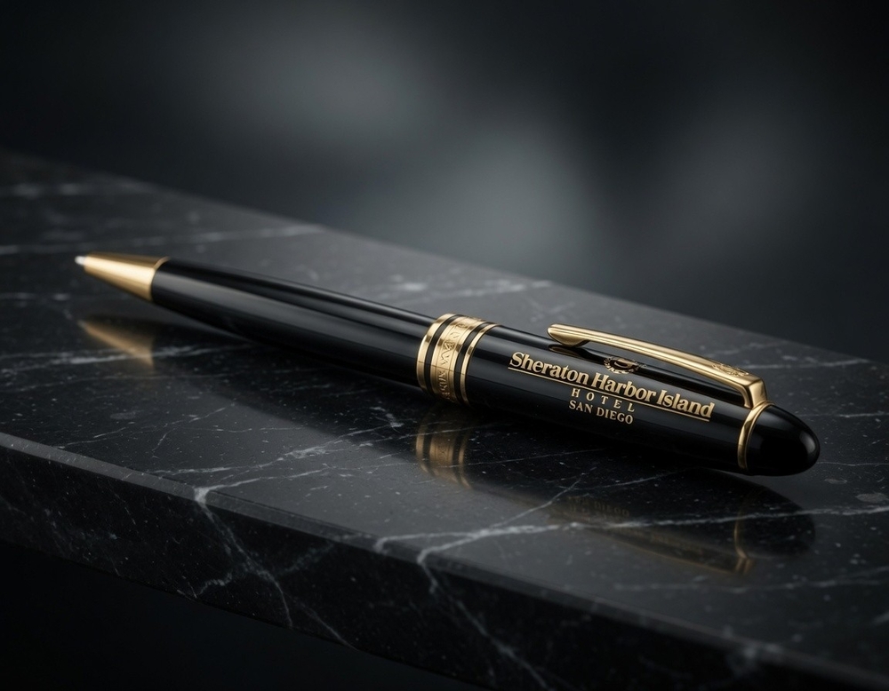Vintage Sheraton Harbor Island Hotel San Diego Logo Ballpoint Pen Black Gold NIB